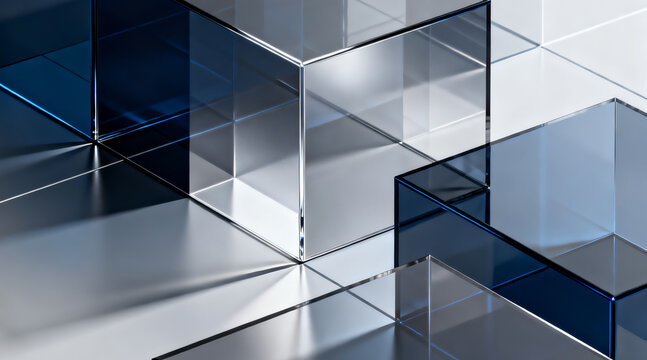 Abstract geometric composition of reflective glass cubes and metallic surfaces