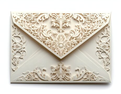 Ivory envelope with intricate laser-cut floral design, shadow effect on white