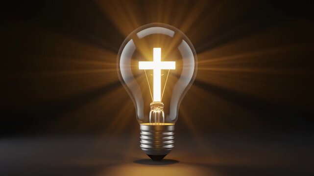 A light bulb in a dark background with a Christian cross.