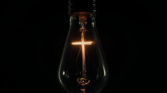 A light bulb in a dark background with a Christian cross.