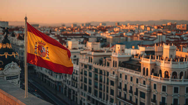 Spanish flag waves over Madrid at sunset with city skyline in background