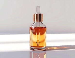 Naklejka premium Close-up of amber liquid in a clear glass bottle with a dropper against a white backdrop