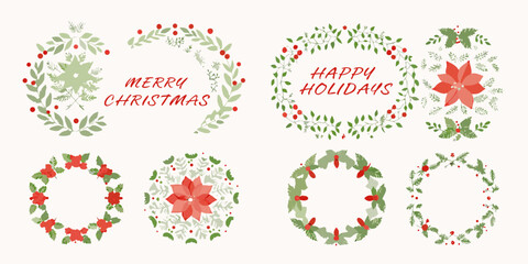 Festive christmas wreath collection with poinsettias and holiday greetings © Roni
