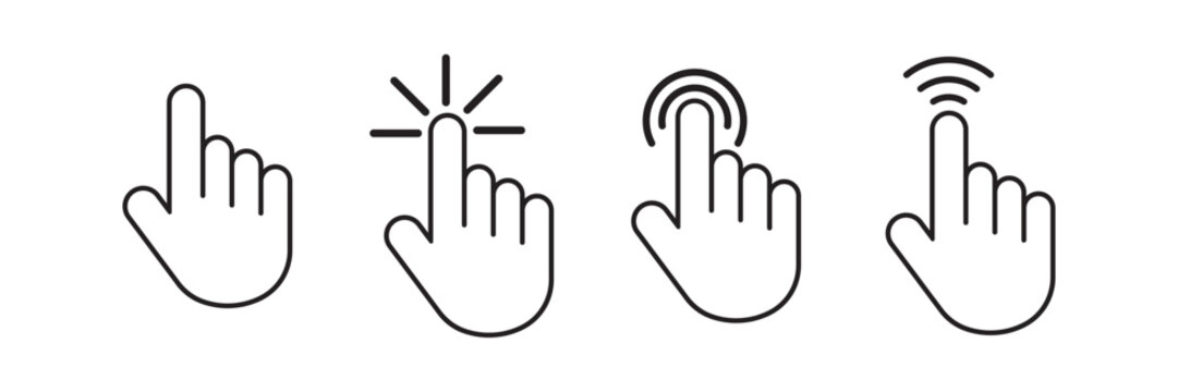 Hand cursor click icon set with pointer signs and symbols. Computer mouse clicking finger icons, vector elements with editable stroke