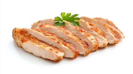 Sliced, freshly grilled chicken breast with a seasoned, reddish-brown crust and juicy white meat is presented neatly on a pure white background.