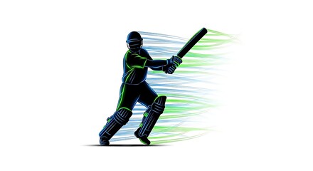 Fototapeta premium Dynamic cricket player in action with vibrant green and blue motion lines