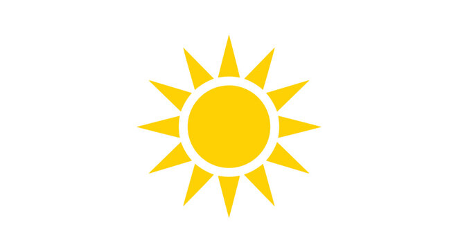 A vibrant yellow sun icon shines brightly against a clean white background, representing warmth, energy, and positivity, perfect for various design projects and visual communications.