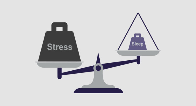 A conceptual illustration depicts a balance scale, highlighting the disproportionate weight of stress compared to sleep, symbolizing the need for better work-life balance and improved well-being.