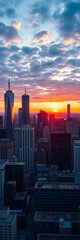 A city skyline at sunset with financial district buildings, architecture, urban