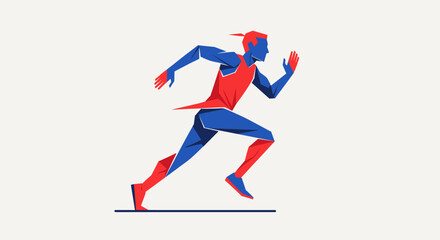 Fototapeta premium A dynamic illustration captures a stylized runner in motion, showcasing vibrant red and blue geometric shapes against a neutral backdrop, perfect for sports and fitness visuals.