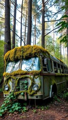 Abandoned old bus overgrown with vines and moss, surrounded by towering trees, ||abandoned, rust
