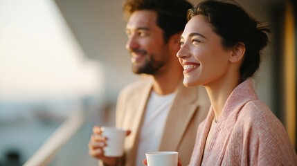 Happy young couple standing on luxury hotel balcony and enjoying view with coffee.