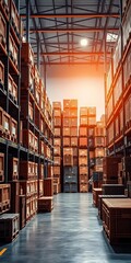 Industrial warehouse with crates and pallets, symbolizing global commerce, logistics, global commerce