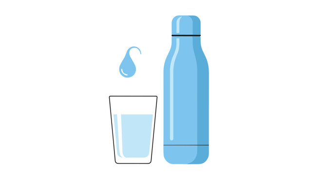 A refreshing illustration depicts a reusable blue water bottle, a glass filled with water, and a single water droplet, promoting hydration and eco-friendly practices against a clean white backdrop.