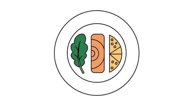 A minimalist illustration shows a balanced and healthy meal on a white plate, featuring fresh greens, a salmon fillet, and a wedge of cheese, promoting a nutritious lifestyle.