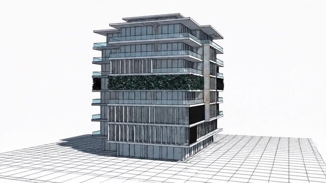 Modern architectural building design with glass facades and green elements