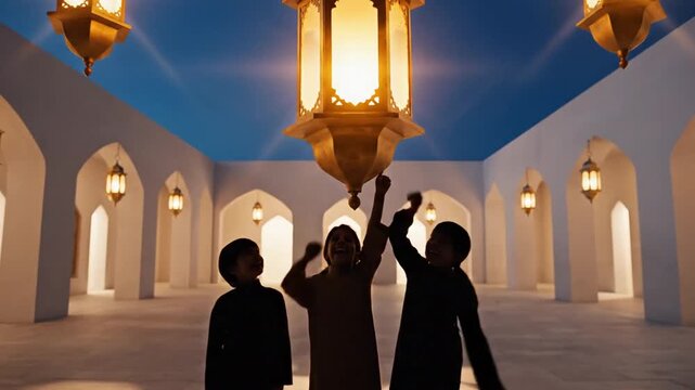 Three children looking at glowing Arabic lanterns in a white hallway