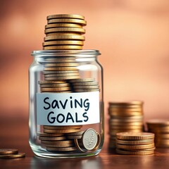 Stacked coins in a jar with a label saying "Savings Goals Met", ||coins, goals