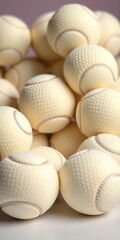 Stack of white tennis balls piled neatly on a flat surface, close-up, leisure