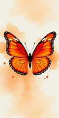 Vibrant butterfly wings unfolding from orange watercolor aquarelle background, whimsical, colorful