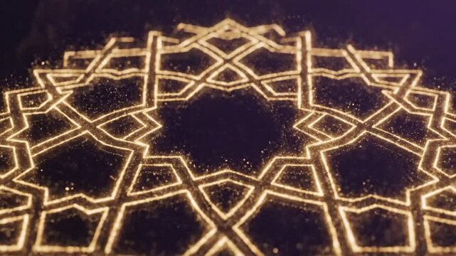 Glowing Golden Arabesque Pattern with Sparkling Particles on Dark Background