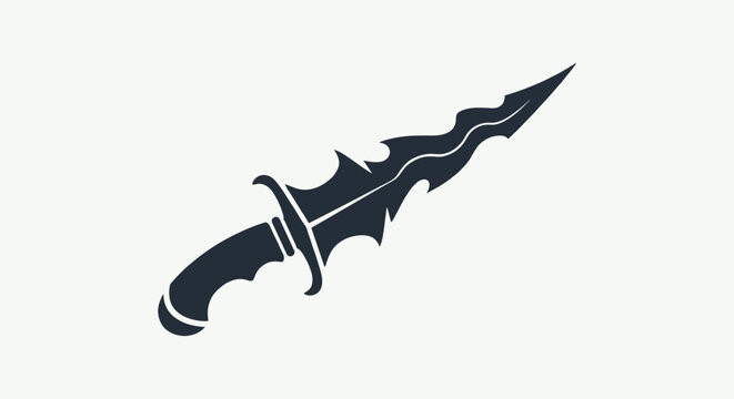 A stylized, monochromatic illustration of a dagger with a decorative, wavy blade and a textured handle, presented against a clean, neutral background, evoking themes of weaponry and design.
