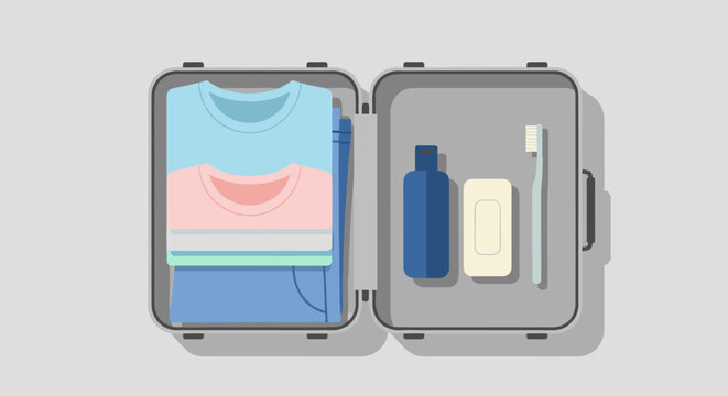 An open suitcase, illustrated in a flat vector style, is packed with folded clothing, toiletries, and travel essentials, ready for a trip or vacation, showcasing preparation.