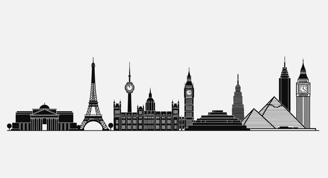 A stylized, monochrome skyline illustration showcases iconic global landmarks, including the Eiffel Tower, Big Ben, and pyramids, against a clean white background, perfect for travel and