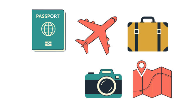 A vibrant vector illustration showcases essential travel elements, including a passport, airplane, suitcase, camera, and map, ideal for tourism and vacation-themed designs.