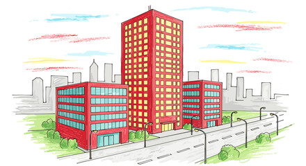 Fototapeta premium Modern urban cityscape illustration with colorful skyscrapers and office buildings featuring a bright clear day with a stylized