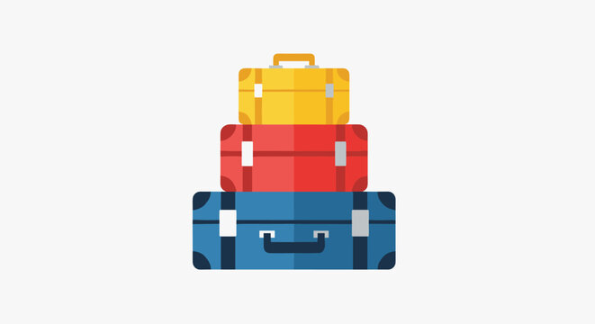 A stack of colorful, vintage suitcases in a flat design style, representing travel and vacation, isolated on a clean white background, perfect for commercial use.