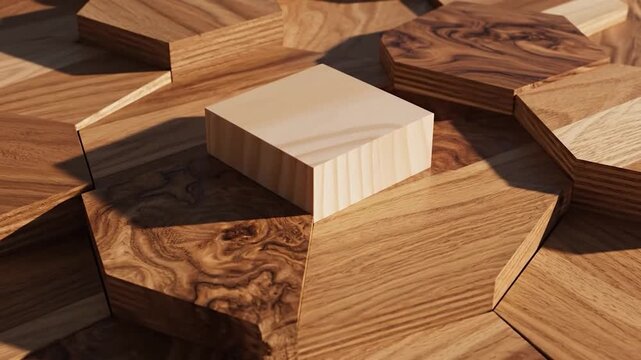 Blank wooden cube podium on a geometric wood grain background