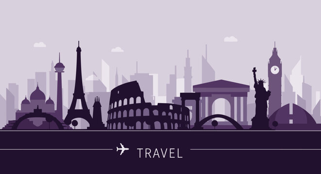 A stylized travel illustration depicts iconic world landmarks in silhouette against a soft purple backdrop, promoting global tourism and international destinations for wanderlust.