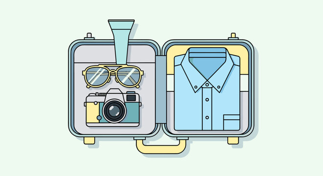 An illustrated suitcase is open, revealing essential travel items like a camera, sunglasses, a shirt, and a small tube, ready for a vacation adventure with a minimalist aesthetic.