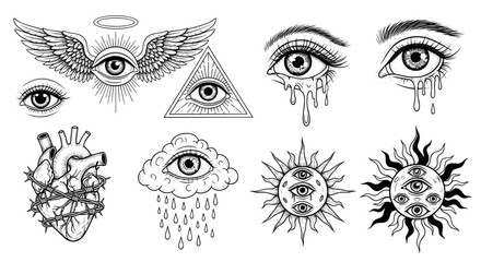 Naklejka premium Mystical eye symbols collection all seeing eye sacred heart celestial sun and moon with eyes winged eye and tearful eyes vector