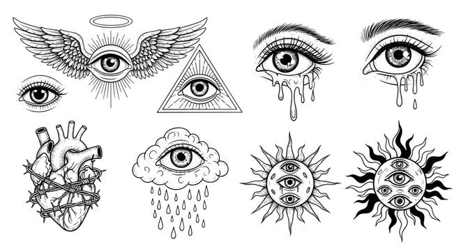 Mystical eye symbols collection all seeing eye sacred heart celestial sun and moon with eyes winged eye and tearful eyes vector