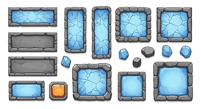 Collection of diverse textured fantasy game interface buttons and elements with stone borders and cracked ice or glass inserts