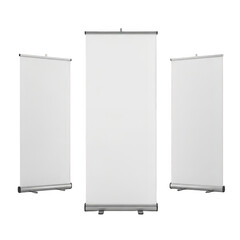 Three blank roll-up banner stands with silver bases isolated on transparent background