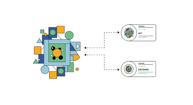 An abstract geometric illustration features interconnected shapes, colors, and lines, with associated labels, suggesting data analysis or information visualization, against a clean white background.