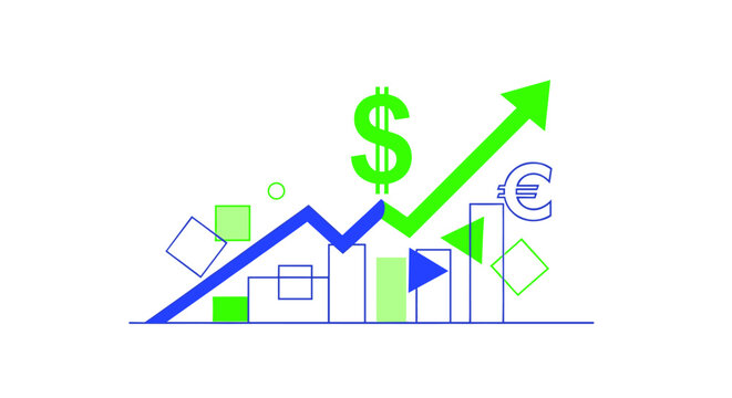 An illustrative depiction of financial growth, featuring a dollar sign and upward trending arrow, alongside charts and currency symbols, symbolizing economic progress and investment success.
