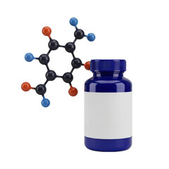 Molecular structure of a chemical compound next to a blue bottle isolated on transparent background