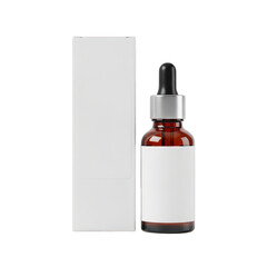 Amber glass dropper bottle with white label and box isolated on transparent background