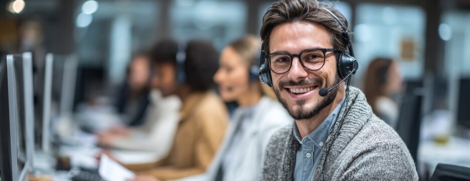 Young man smiling while working in call center with team of agents  