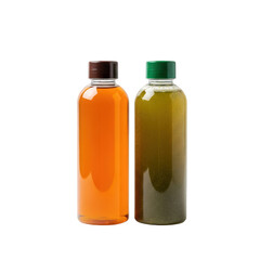 Two bottles of juice with different colored liquids and caps isolated on transparent background