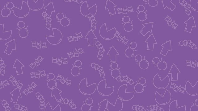 Up arrows, pie charts, and circle chains on a purple background. Suitable for presentations, financial reports, data analysis visuals.