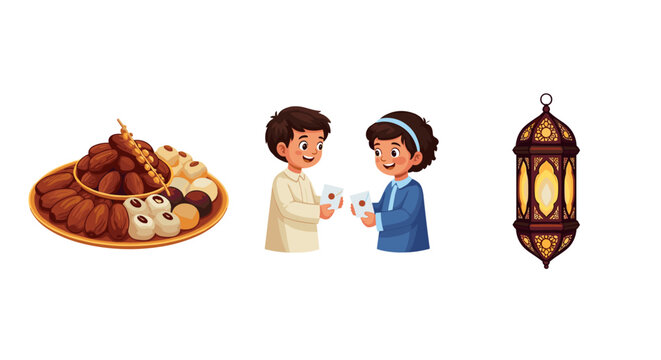 A vibrant illustration portrays a festive Ramadan celebration, featuring a platter of dates and sweets, children exchanging cards, and a decorative lantern against a white backdrop.