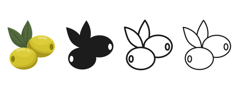 Vector set of olive illustrations: detailed color, minimalist silhouette, and clean line art. Versatile branding elements for olive oil logos, organic food labels, and Mediterranean identity.