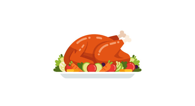 A vibrant, cartoon-style illustration showcases a perfectly roasted turkey, artfully arranged on a platter, surrounded by fresh vegetables, perfect for a festive holiday celebration.
