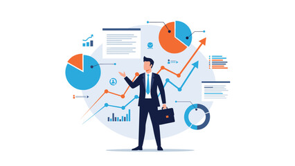 Professional businessman presenting comprehensive financial analysis with various charts, graphs, and data visualizations.