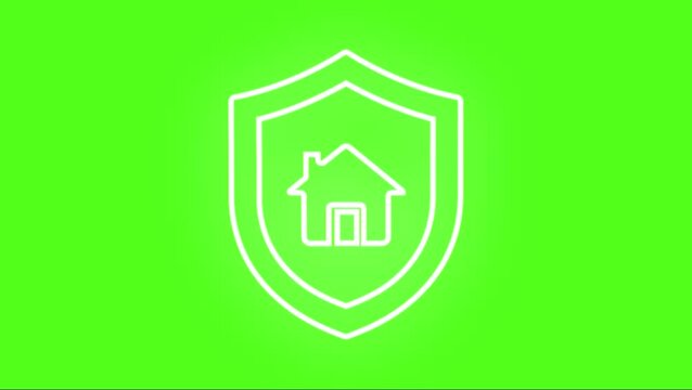 Minimalist Smart Home Security Animation with Shield and House Icon on Green Screen, Line Art Real Estate Protection Motion Graphic for Chroma Key Compositing and Home Insurance Videos